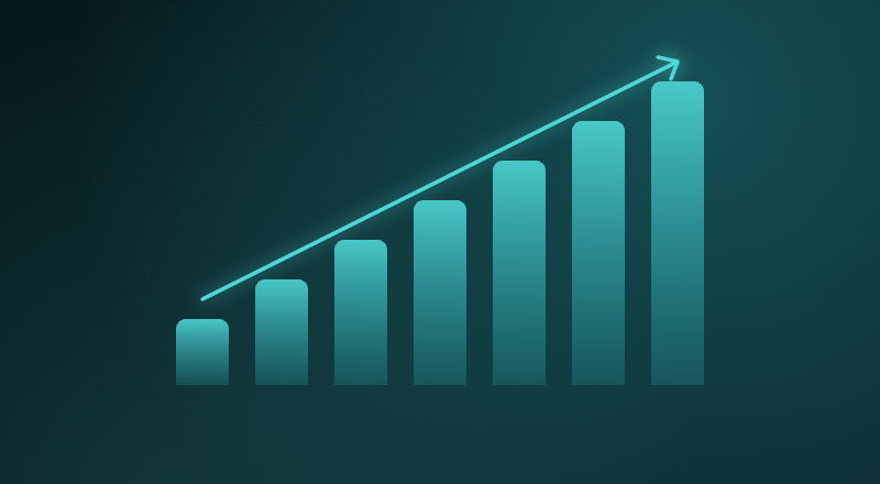 Rising bar chart with an upward trend arrow